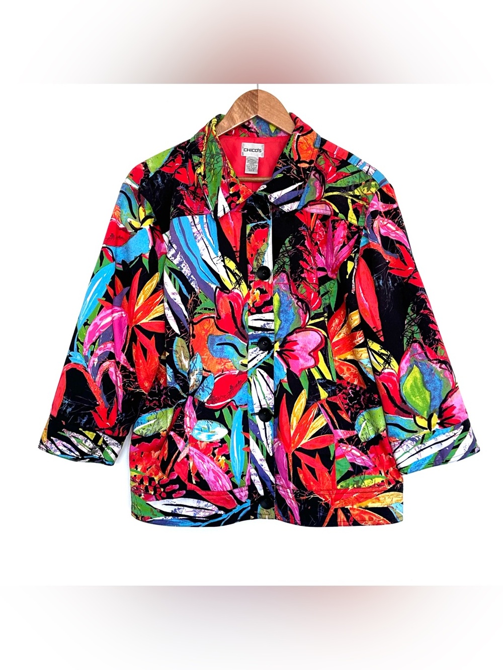 Chico’s Blazer Women’s Size 3 Black Floral Button Up 3/4 Sleeve Collared Jacket